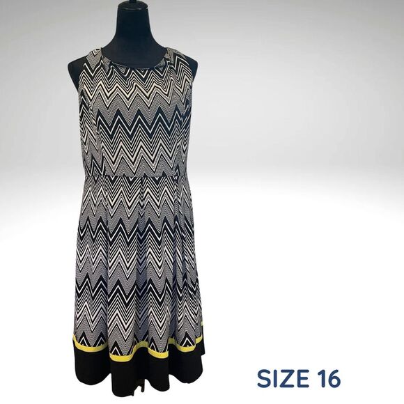 Jessica Howard Dresses & Skirts - Jessica Howard Black and White Chevron Midi Dress with Yellow Accents